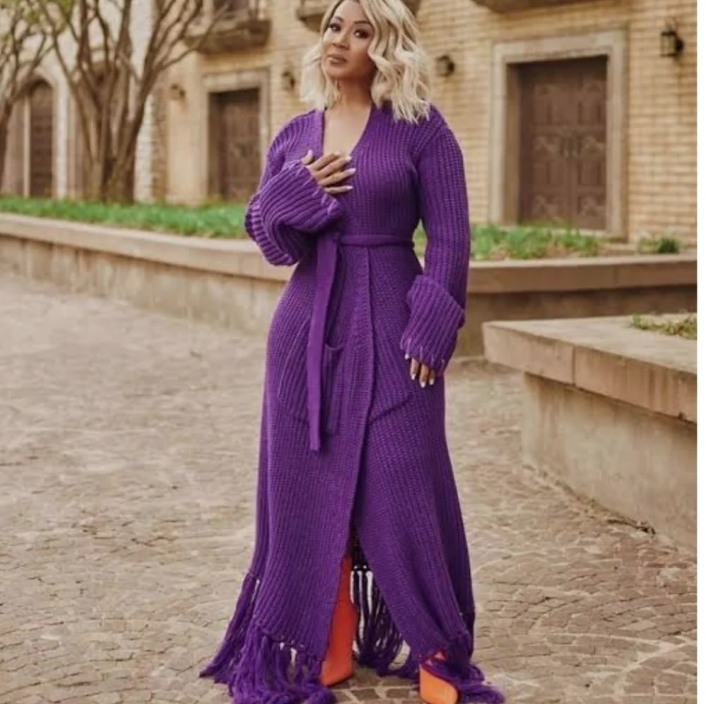 HANIFA MIYA KNIT CARDIGAN DRESS IN EGGPLANT /PLUM - Picture 5 of 11